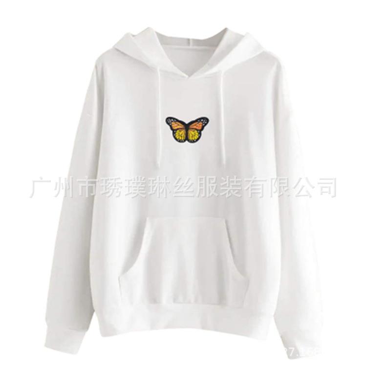 Womens Butterfly Patchwork Pocket Casual Pullover Hooded
