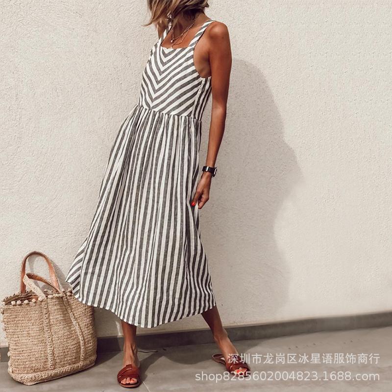 skirt suspender swing long striped sleeveless neck round