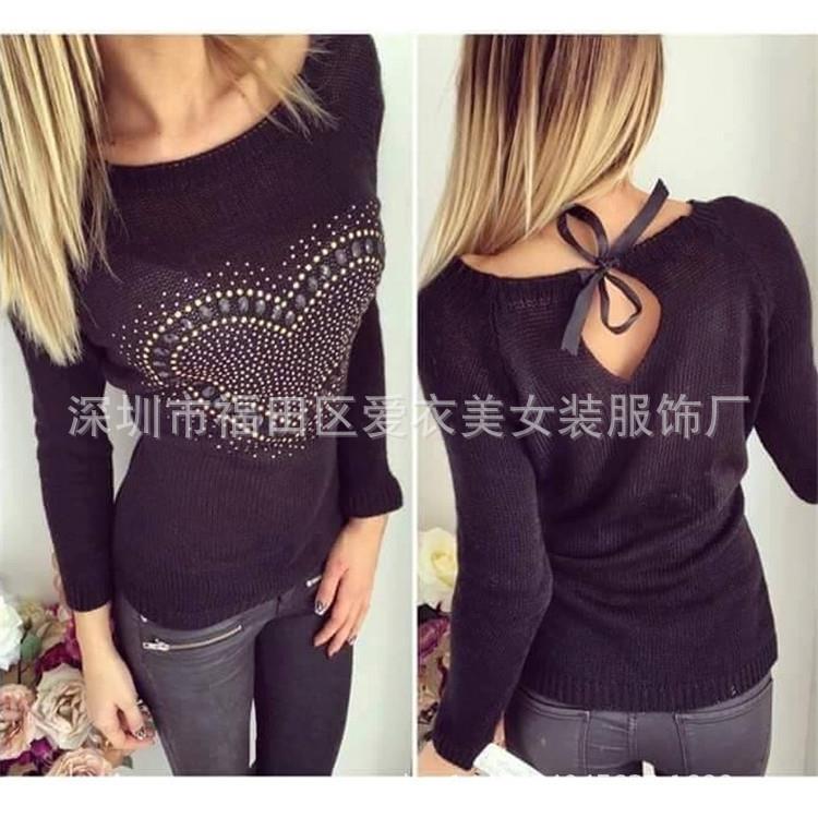 Womens solid color round neck lace-up pullover backless