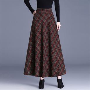 waist color contrast woolen high long skirt plaid
