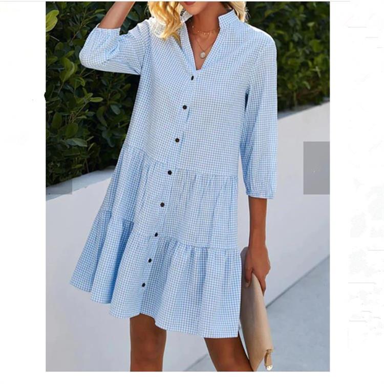 Womens plaid half sleeves shirt dress with stand collar