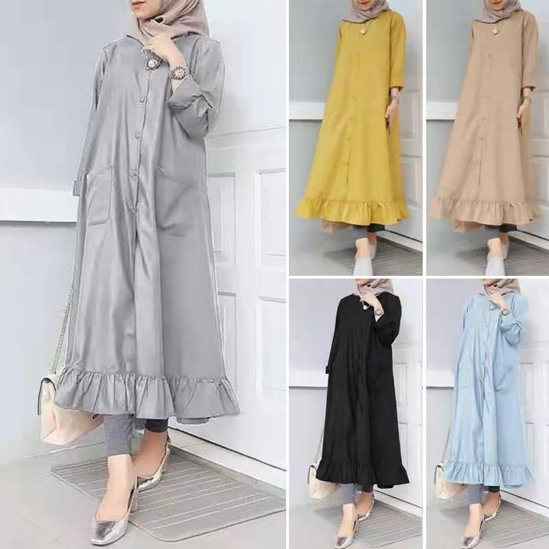 Solid color round neck button access pocket long sleeves