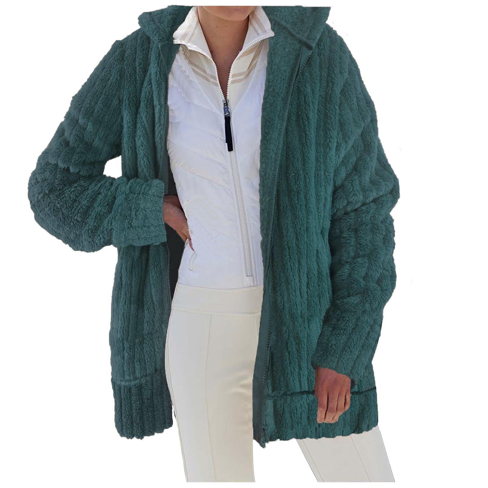Warm plush solid color zipper pocket hooded loose coat for