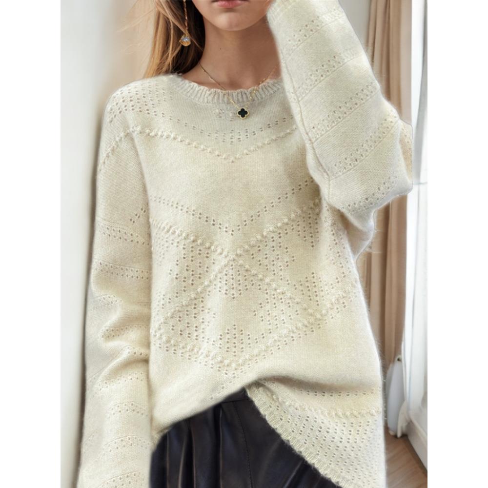 jacquard color pullover long hollow women neck sweater
