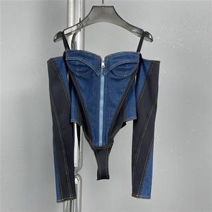 slim denim sexy top contrast jumpsuit Womens fashionable