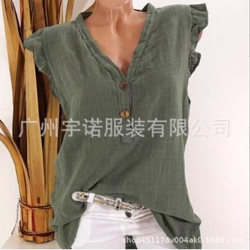 Cotton and Linen Shirt Womens Casual V-neck Button Short