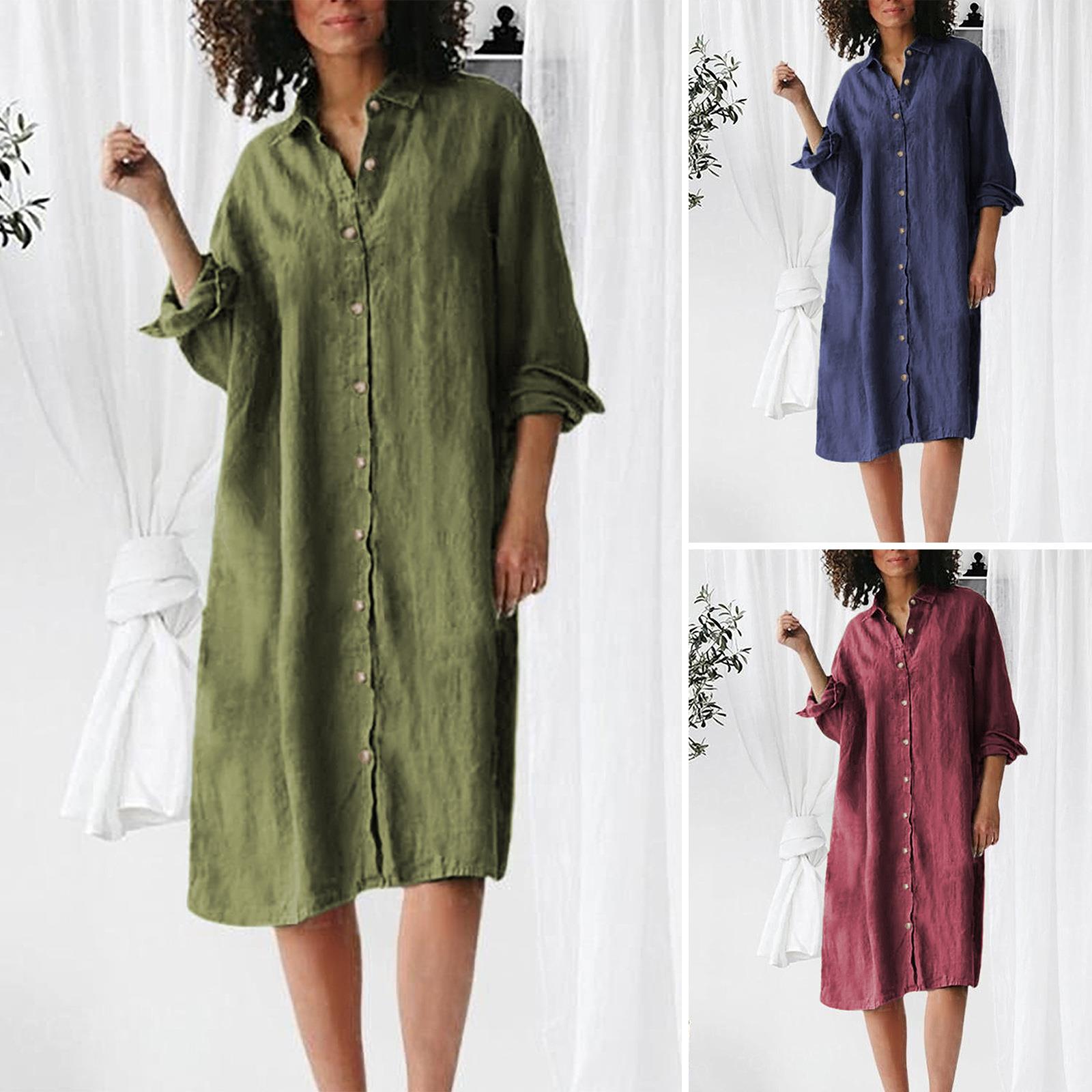 fashion cotton and linen shirt long dress women spring