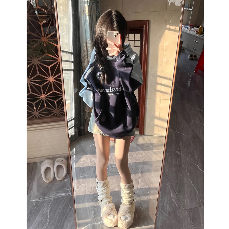 oversize撞色插肩卫衣女