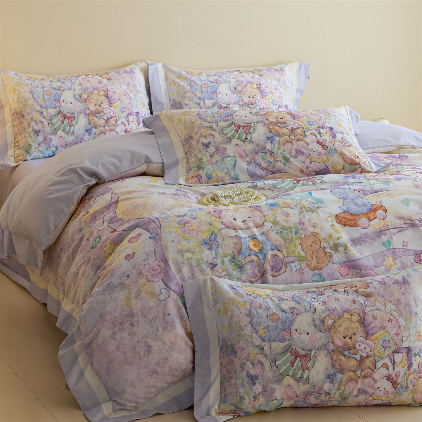 手绘油画风兔子小熊纯棉磨毛四件套全棉卡通萌宠床单被套1.5m米床,床上用品,床品套件/四件套/多件套,淘宝优惠券,粉丝福利购,淘宝优惠卷