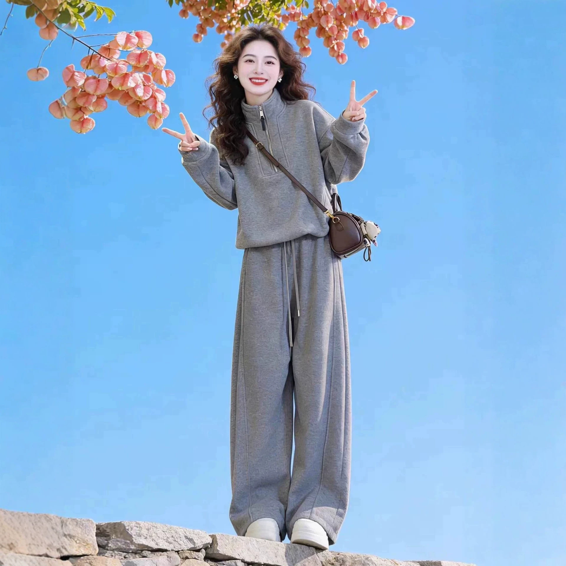 跨境韩版运动服套装女春秋冬季宽松时尚减龄卫衣阔腿裤休闲两件套