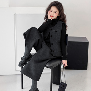 女大童洋气春装三件套2026早春新款女孩毛衣呢子马夹阔腿裤套装潮