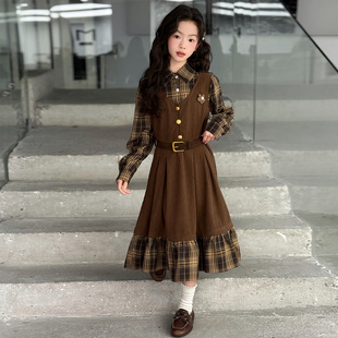 女童春装连衣裙2026新款初中生时髦假两件条绒裙子气质大童格子裙