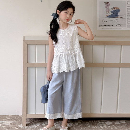 女童蕾丝背心套装夏季2026新款儿童洋气夏装初中生阔腿裤两件套潮