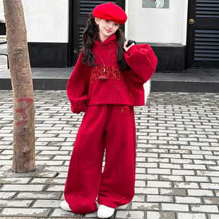 女童加绒加厚套装冬装2026新款12岁女孩红色本命年衣服儿童过年服