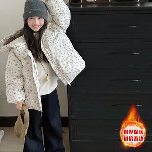 女童碎花棉衣冬季外穿羽绒棉服儿童童装韩系洋气加厚连帽衫外套潮