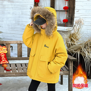 女童加绒外套秋冬2025新款洋气中大童加厚棉衣初中女生冬装派克服