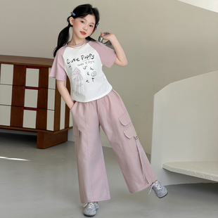 女童夏季套装2026新款韩系卡通印花短袖T恤工装裤女孩薄款夏装潮9