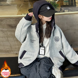 女童夹棉外套冬季2025新款初中生女孩冬款连帽卫衣女大童冬装衣服