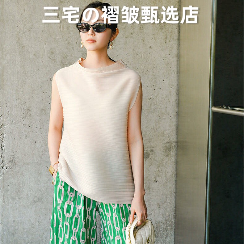 三宅风系列褶皱无袖T恤上衣女装