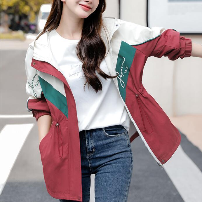撞色拼接中长款连帽风衣女2024年春秋新款休闲宽松百搭运动服外套