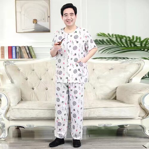 中老年人夏天开衫短袖睡衣男纯棉绸爷爷唐装时尚爸爸薄款男装衣服