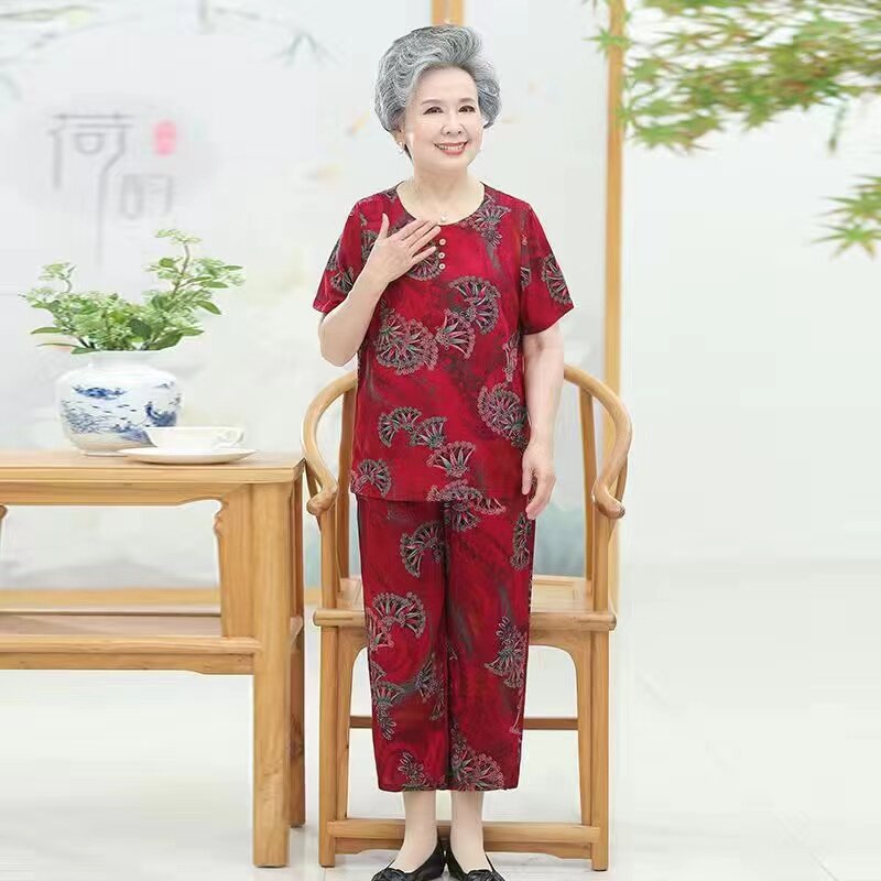 老太太夏装短袖上衣套头洋气新款时尚老人奶奶夏季纯棉绸T恤女装