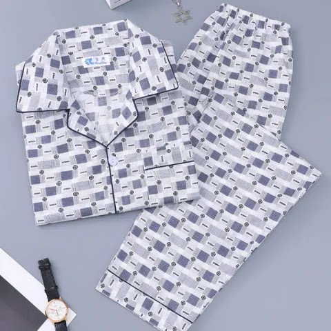 爸爸纯棉舒适睡衣男夏开衫短袖长裤开小便口老人爷爷休闲运动男装