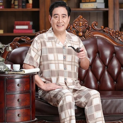 爷爷纯棉居家夏装梭织皱布睡衣男