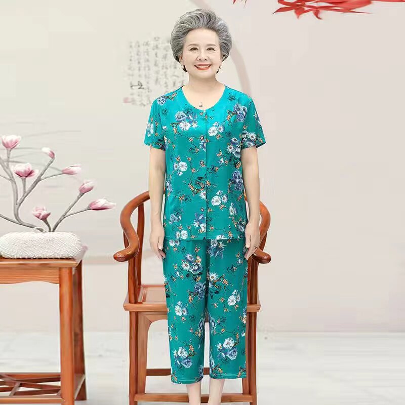 婆婆夏装短袖长裤老年人睡衣女夏季两件套妈妈开衫女装有口袋唐装