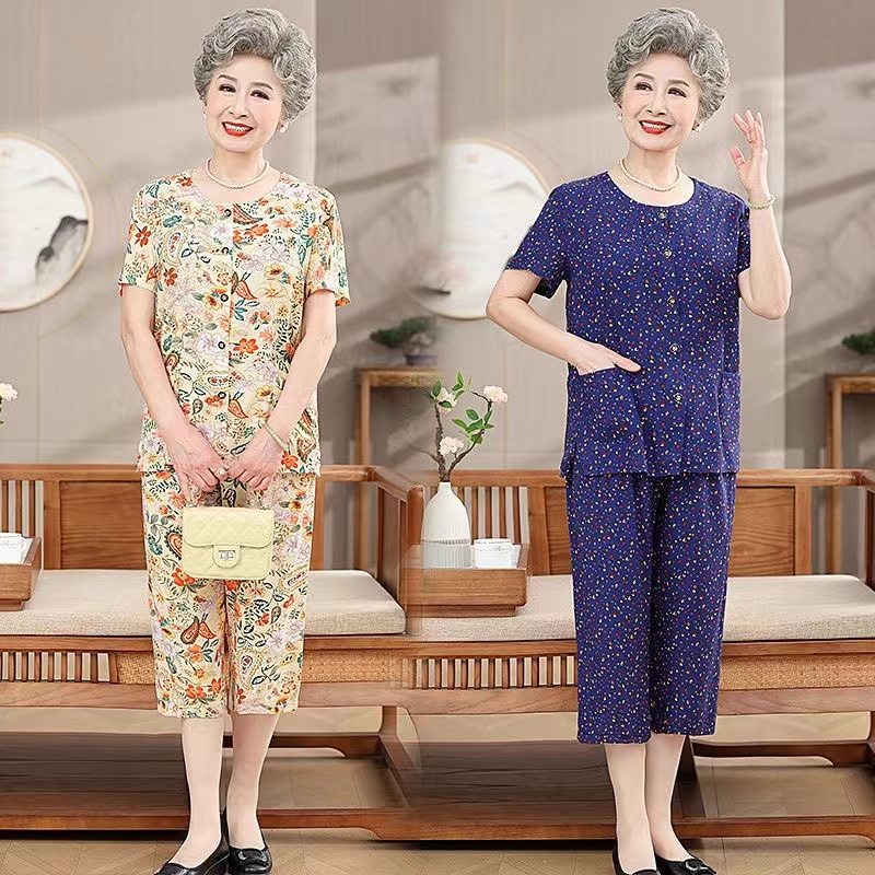 8090岁婆婆夏装短袖七分裤纯棉绸