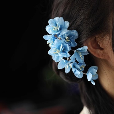 古风旗袍蓝色花朵发夹中式侧边发饰森系仙美唐风诃子裙盘发头饰女