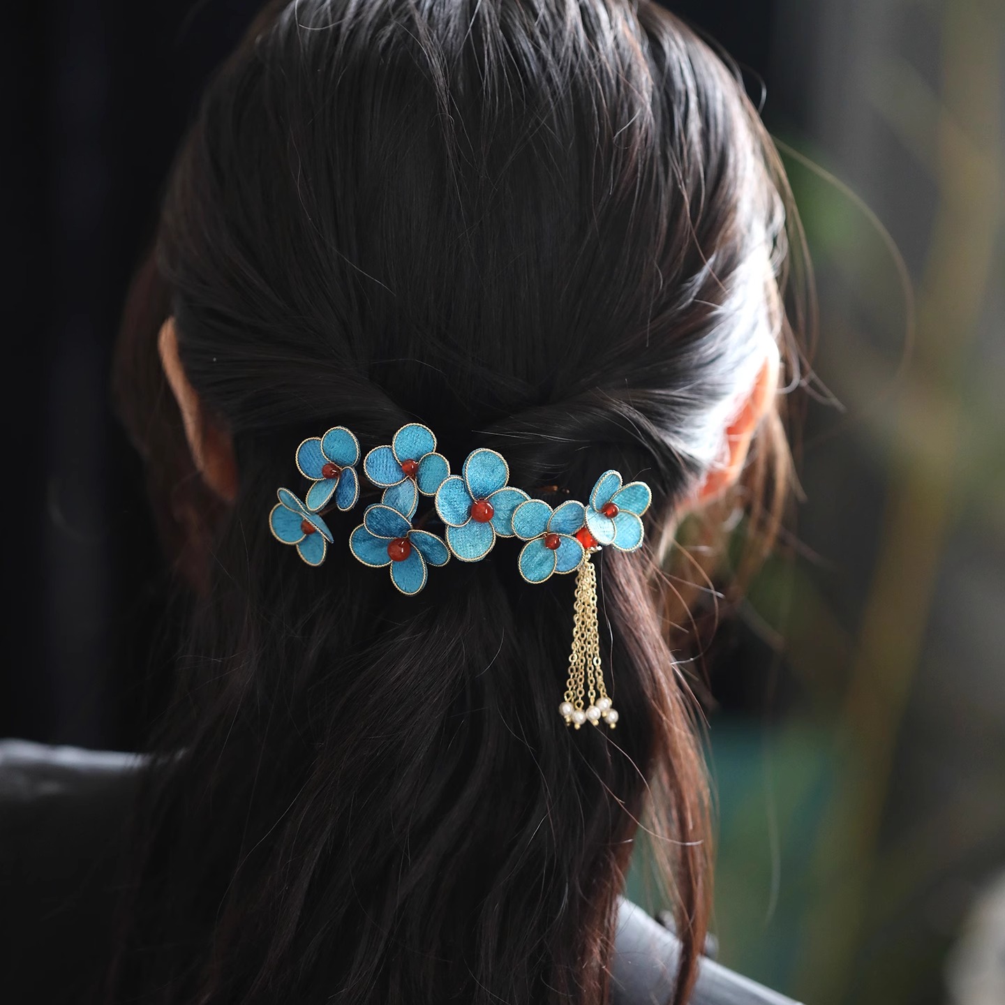 清冷感蓝色布绒手工掐丝花朵步摇发夹头饰清汉女配饰后脑勺弹簧夹