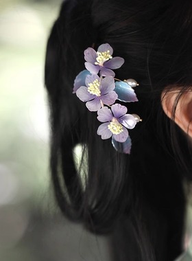 新中式紫色花朵发簪国风U型发簪子精致复古盘发发钗汉服古风头饰