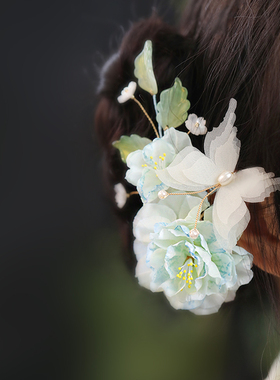 蓝色蝴蝶仙美古风头饰春夏新款唐风宋制汉服侧边盘发发夹旗袍配饰