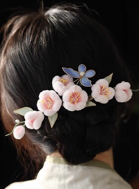 唐风蝴蝶粉色仿绒花发夹侧边少女感古风汉服旗袍日常边夹子发饰