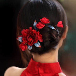 手工复古仿真花朵发夹红色系氛围感国风新娘头饰旗袍秀禾婚礼配饰