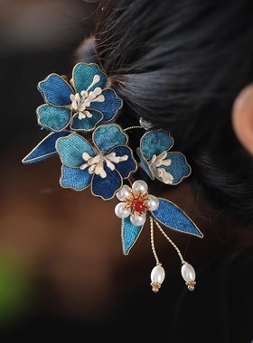 清汉女原创设计蓝色掐丝布绒复古秋冬发饰旗袍丸子头日常盘发头饰