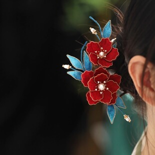 红色汉服头饰手工布绒掐丝花朵发梳插梳簪子新娘秀禾旗袍配饰发饰