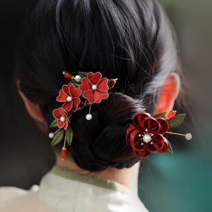 国风佛赤色丝带花朵发夹女高级感轻奢盘发秀禾配饰手工发饰婚礼