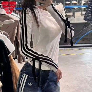 阿迪达斯女装2025秋季款三条纹蝴蝶结甜酷弹力修身长袖T恤 KG3861