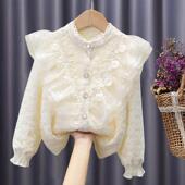 冬季 女童秋冬衬衫 白衬衣儿童蕾丝纯棉打底衫 加绒长袖 上衣 2025新款