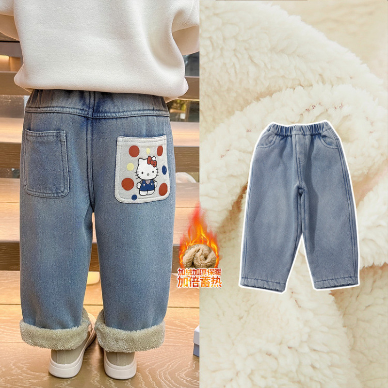 女童圆点猫咪牛仔裤秋冬季宝宝加厚百搭长裤冬款儿童休闲加绒裤子