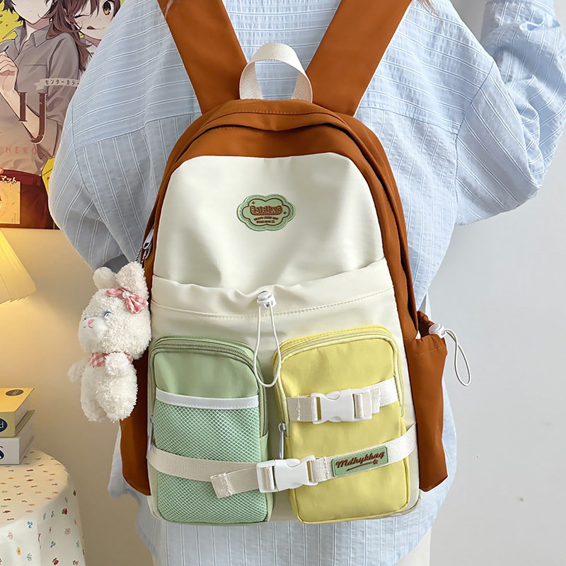 新款多巴胺高颜值书包女韩版ins原宿风初高中学生撞色轻便双肩包