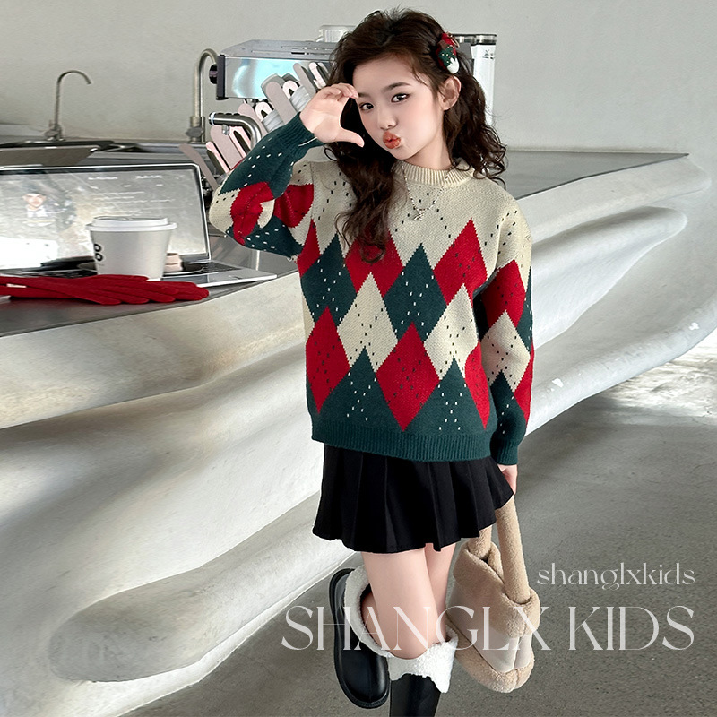 儿童超好看毛衣针织打底衫菱形格女童女款2025新款冬季圣诞服装潮