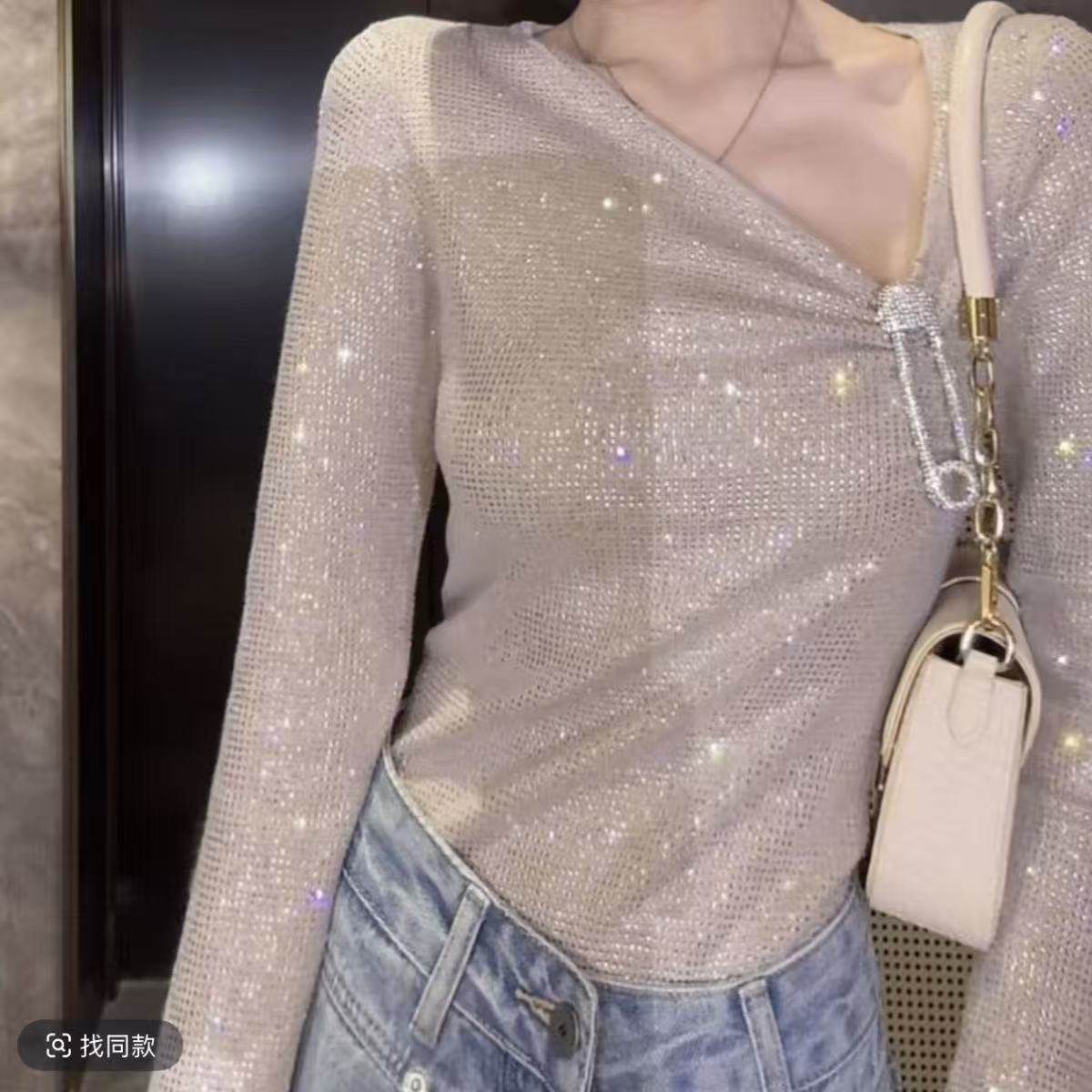 美式辣妹风闪钻斜领长袖T恤2026春季新款设计感小众修身显瘦上衣,女装/女士精品,T恤,淘宝优惠券,粉丝福利购,淘宝优惠卷