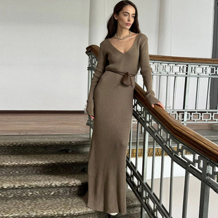 秋冬欧美风性感V领毛衣裙女超长款过膝到脚踝显瘦针织连衣裙长裙