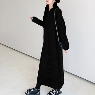 2025韩系连帽黑色针织裙女冬季直筒显瘦超长款过膝毛衣连衣裙长裙