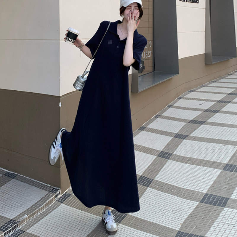 韩国Polo领刺绣T恤连衣裙女夏超长款过膝宽松大码显瘦懒人长裙子