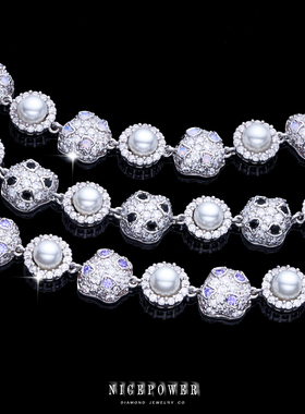 NICEPOWER ICE同款 满钻珍珠嘻哈欧珀项链 欧美潮流珍珠项链