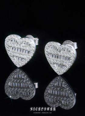 NICEPOWER VVS D色心形莫桑钻耳钉 方钻莫桑欧美嘻哈风